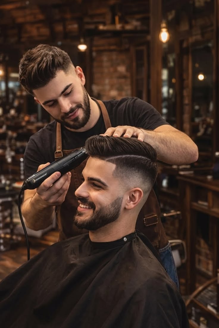 Barber styling a fresh fade and quiff